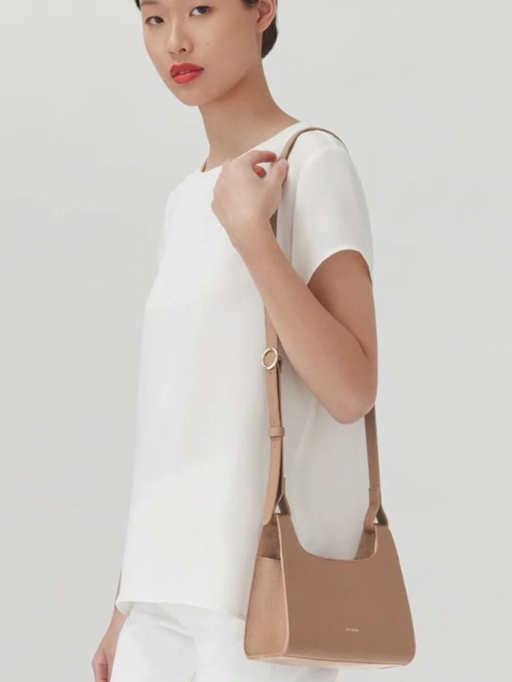 Cuyana Mini Double Loop Bag Pebbled Leather Tan Cappuccino Crossbody Purse